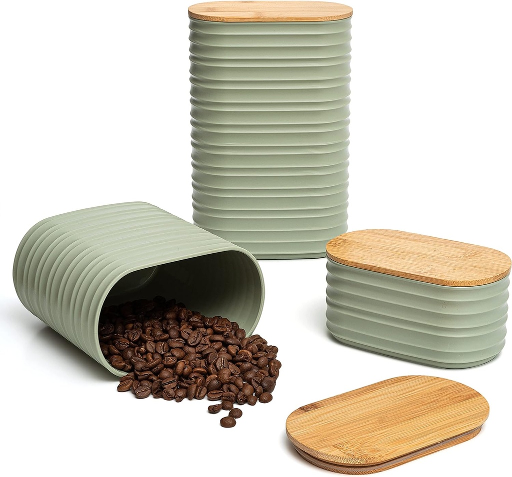 Mixpresso Olive Green Canisters Sets for the Kitchen – 3-Piece Airtight Plastic Sugar Container Set with Bamboo Lids in Three Different Sizes – Decorative Modern Storage Jars for Coffee &Tea