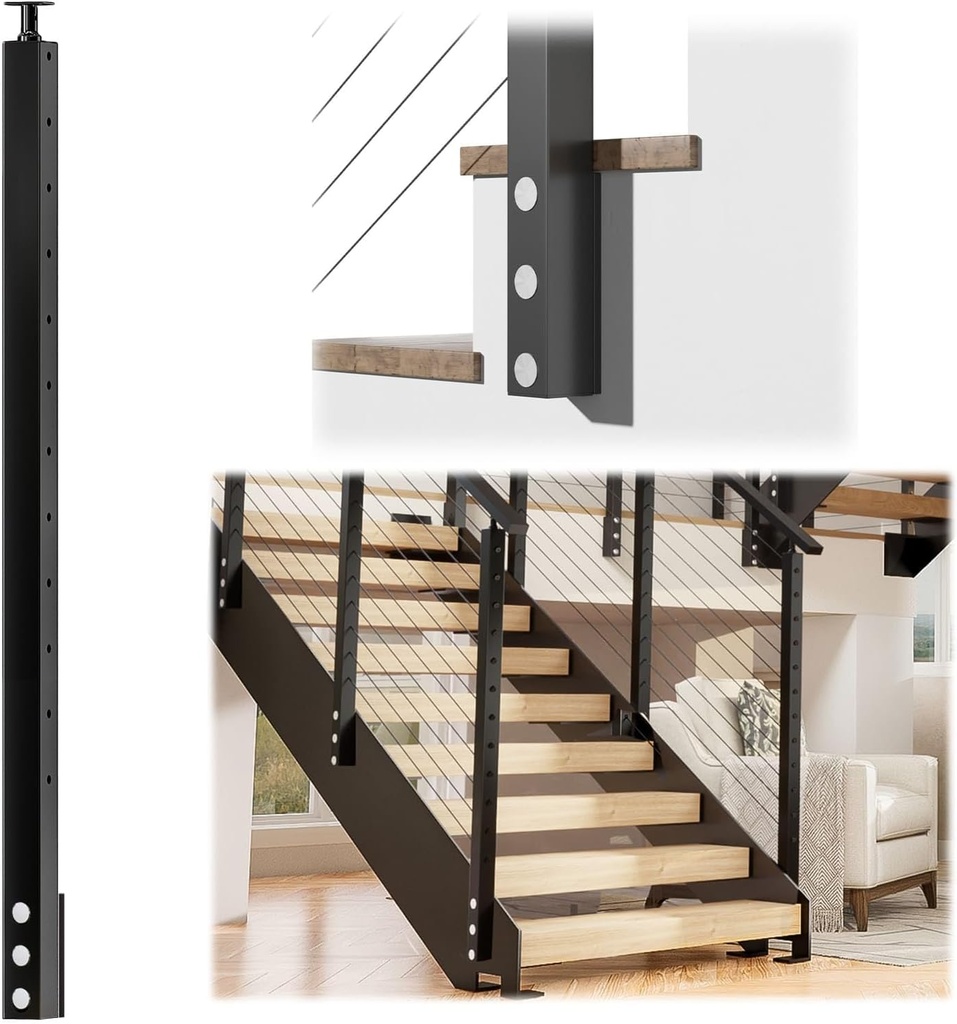 Muzata Black Side Mount Stair Cable Railing Post 42 Inch for 25-35 Degrees Stair 42"x2"x2" Patent Design for Both Left&Right Side Cable Railing System Kit Indoor Outdoor PF01 BB4L