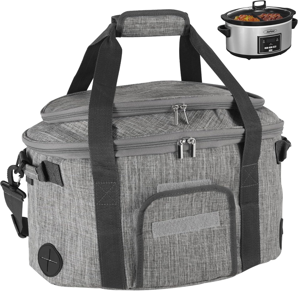 SUNVIVI Portable Slow Cooker Bag Fits for 6-8 Quart, Insulated Travel Bag with See-thought Window, Carry Case with Top Zip Compartment, Mesh Pocket & Adjustable Band for Camping, Potluck, Gathering