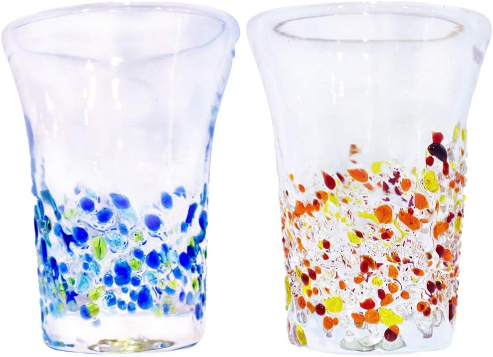 Tida Workshop Beer Glasses (Blue/Water/Green, Red/Orange/Yellow/Clear), φ2.8 inches (7 cm), Pack of 2