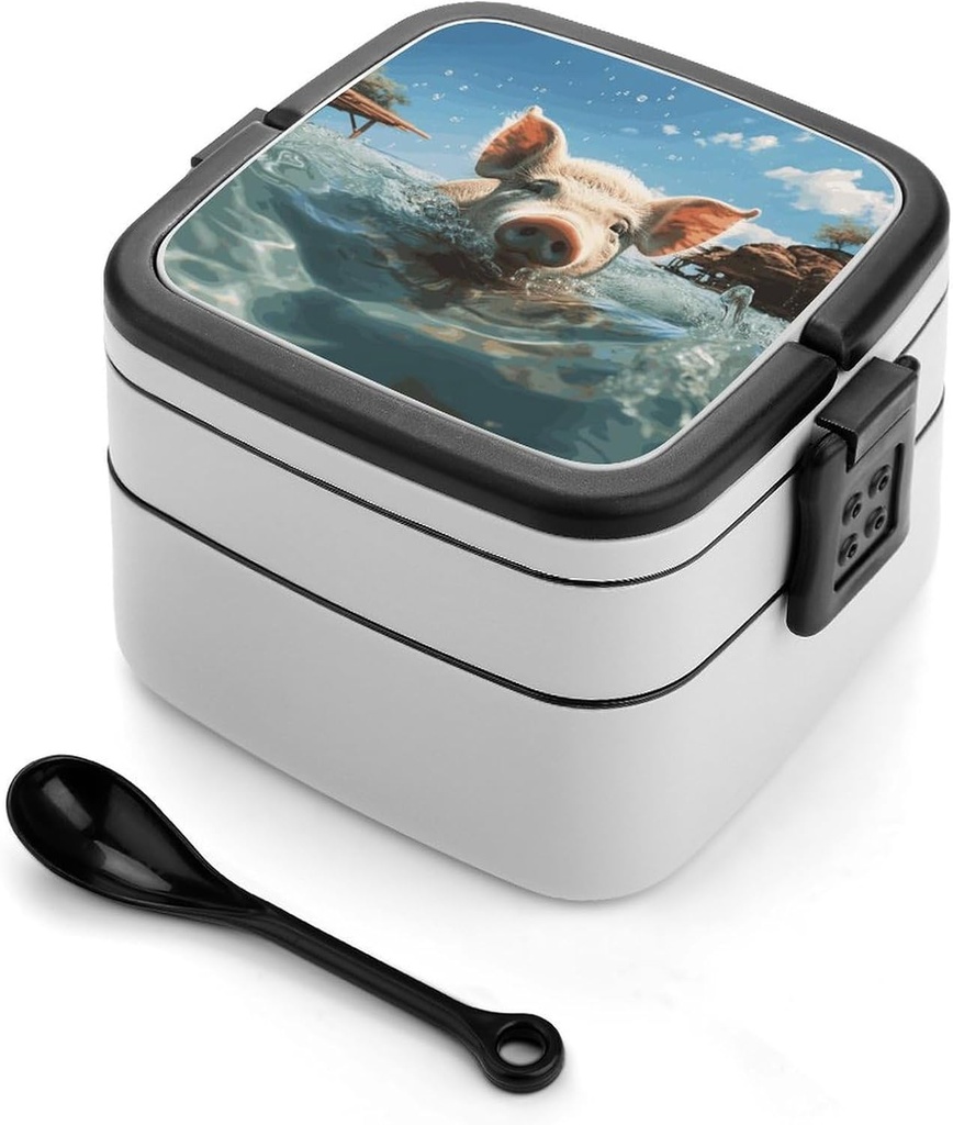 Cute Animal Bento Box with Compartments Double Layer Bento Lunch Box with Spoon And Handle All-in-One Adult Lunchbox Leakproof Lunch Container for Work Picnic Travel