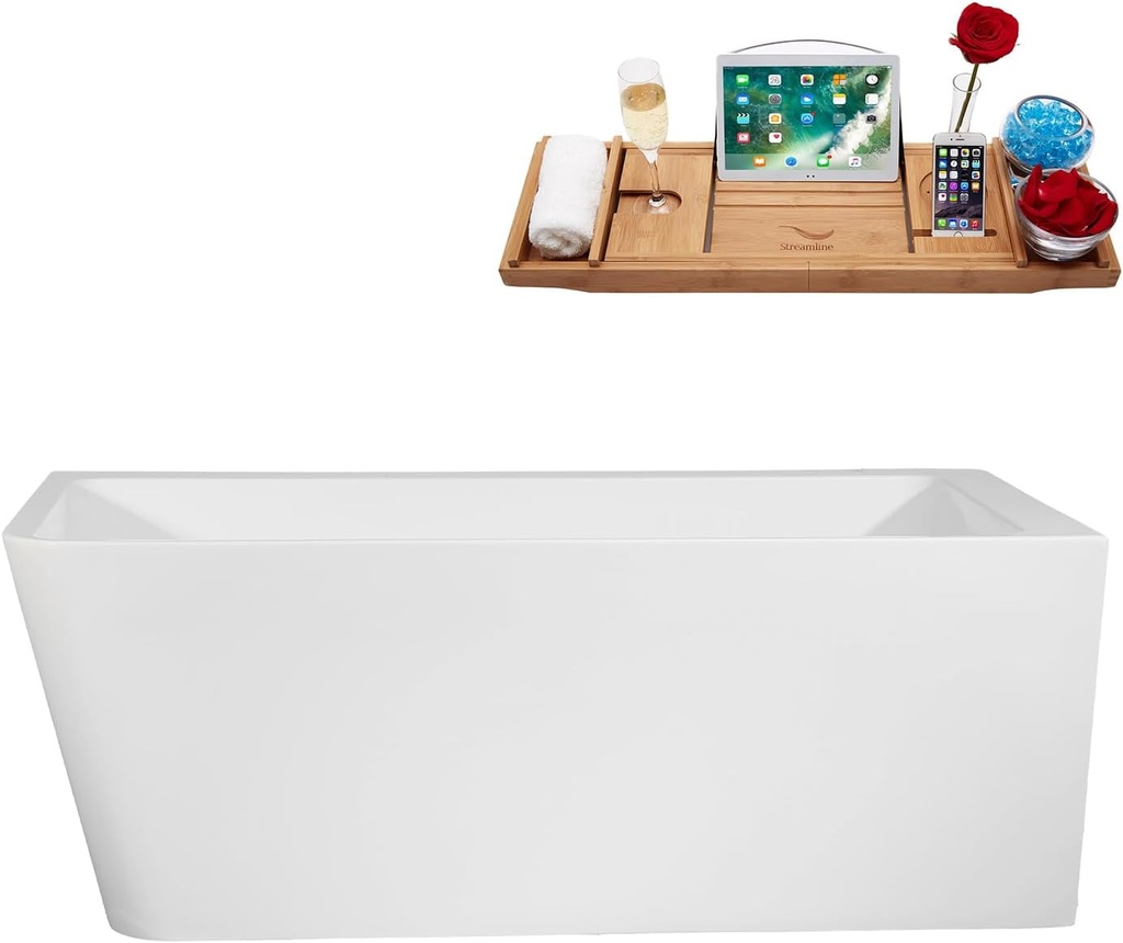 Streamline 59" Freestanding Soaking Bathtub – Glossy White Acrylic Tub with Brushed Gun Metal Internal Drain and Bamboo Tray – Compact Rectangular Design – 59 Gallon Capacity