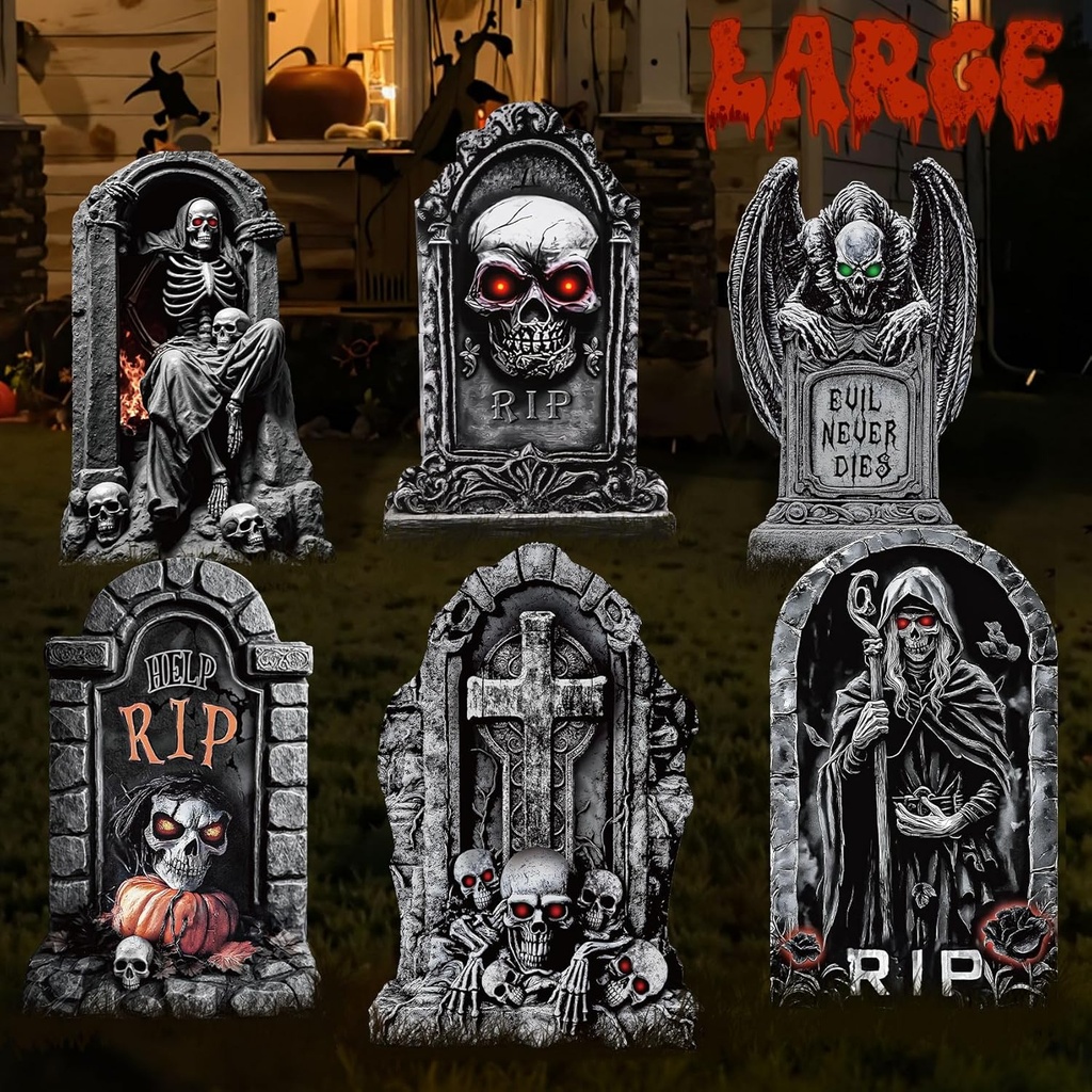 Roberly 25" Tombstones Halloween Outdoor Decor, 6 Pack Large Graveyard Decorations for Halloween Scary Gravestones Yard Signs with Stakes Waterproof for Haunted House Party Garden Lawn