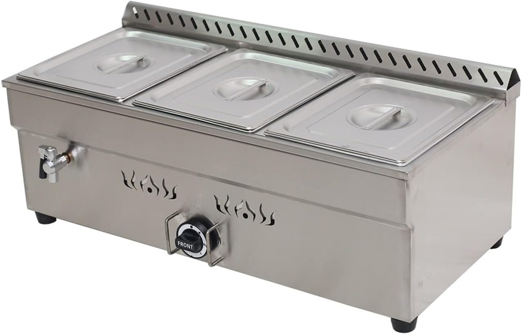 3 Pan LP Gas Food Warmer Stainless Steel Bain Marie Buffet Food Warmer Steam Table for Catering and Restaurants with Pressure Relief Valve 4inch Deep Pan