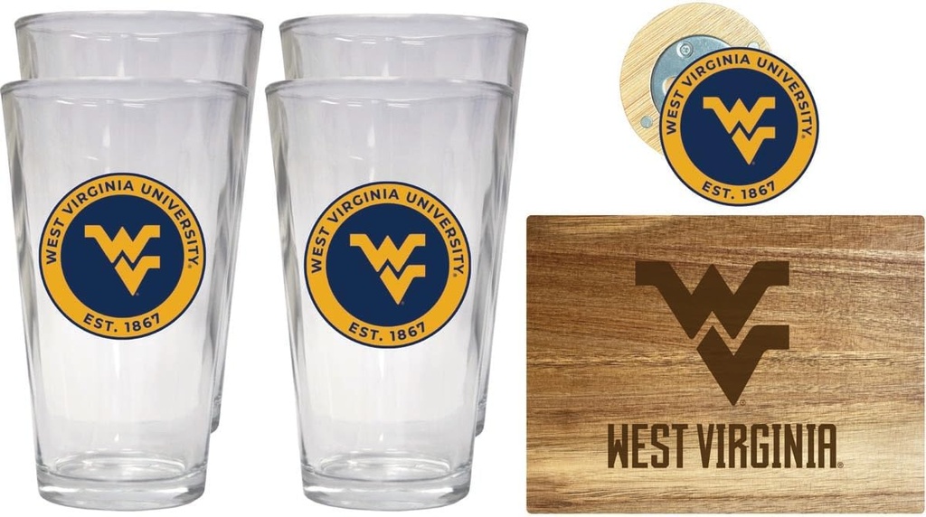 R and R Imports West Virginia Mountaineers Officially Licensed Kitchen Pack - Wood Cutting Board, 4 Pint Glasses & Magnetic Bottle Opener