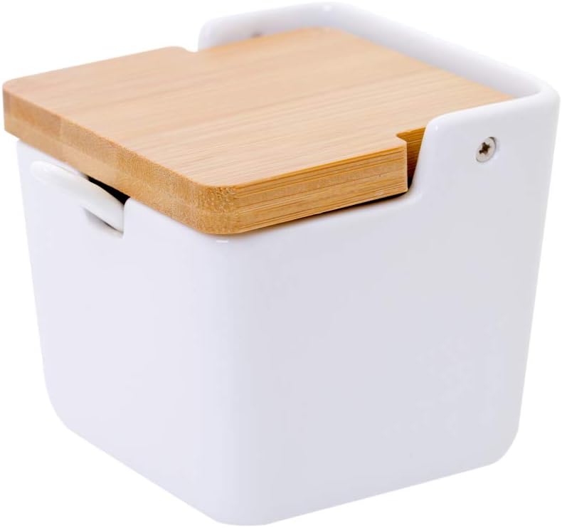 Porcelain Sugar Condiment Bowl-Spice Jar with Spoon Bamboo Flip Lid Serving Container for Stevia Honey, Practical Gift Kitchen Storage, 9.1 fl oz 270 ML, Square