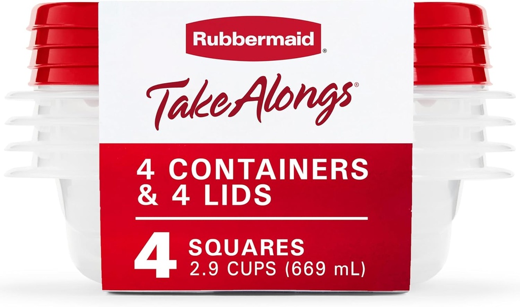Rubbermaid TakeAlongs 2.9-Cup Square Food Storage Containers, 4-Pack, Chili Red