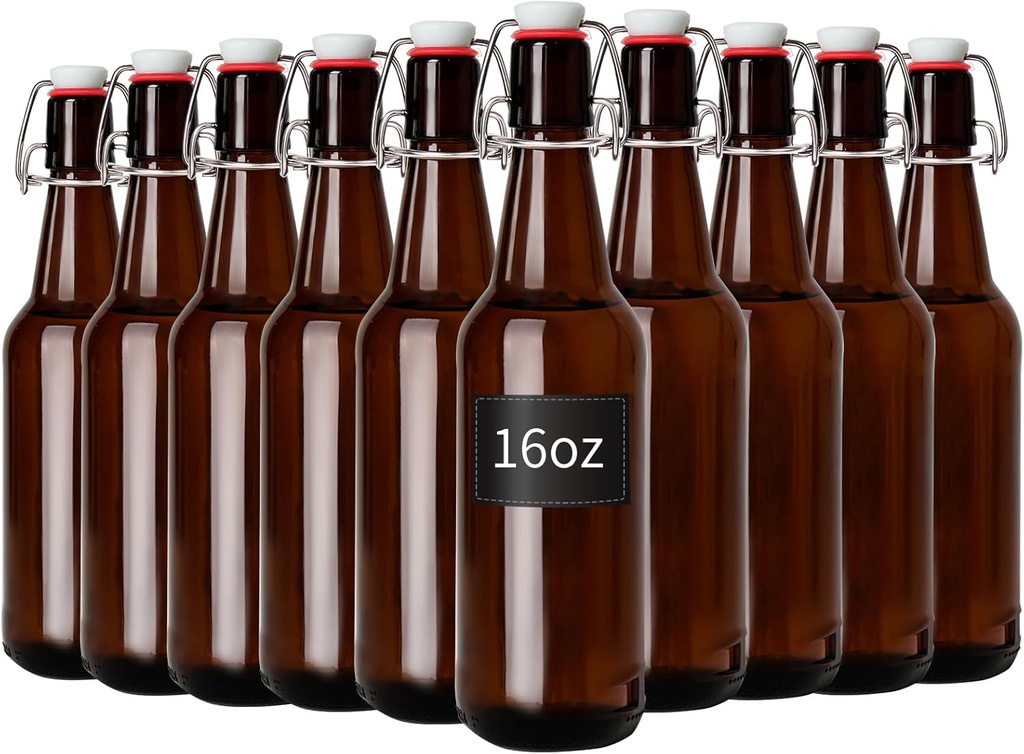 16oz Amber Glass Bottles with Airtight Rubber Seal Flip Caps (10 Pack),Swing Top Glass Bottles for Home Brewing, Kombucha, Beverages, Oil, Vinegar, Vanilla Extract,Water, Soda, Kefir