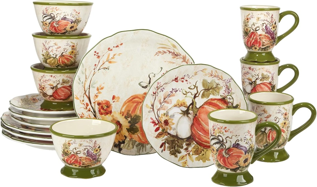 Harvest Morning 16-Piece Ceramic Dinnerware Set, Service for 4 – Celebrate autumn with vibrant pumpkins and florals, perfect for cozy family meals, Thanksgiving gatherings, and fall entertaining