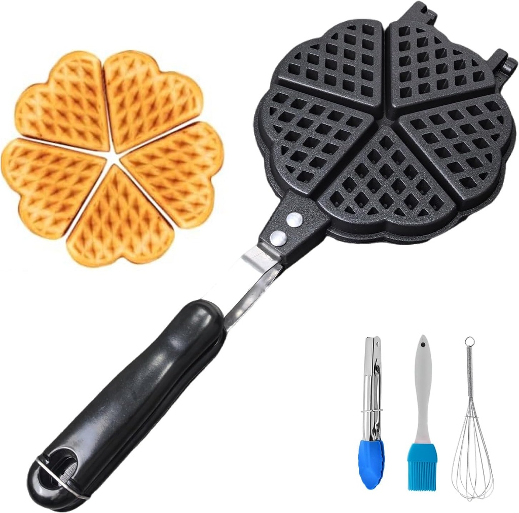 Heart Shaped Waffler, Cast-Aluminium Pan, Sweetheart, Mini Waffle Maker, Waffle Baking Pan Black Five 2.5 inch cavities