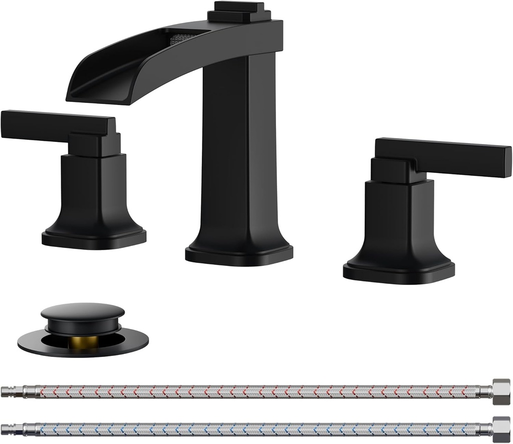 FORIOUS Brass Matte Black Commercial Bathroom Faucets 3 Hole, Waterfall Modern Widespread 8 Inch Bathroom Sink Faucet with Metal Pop-up Drain and Pre-Assembled Hose for Vanity, Restroom,Bathtub