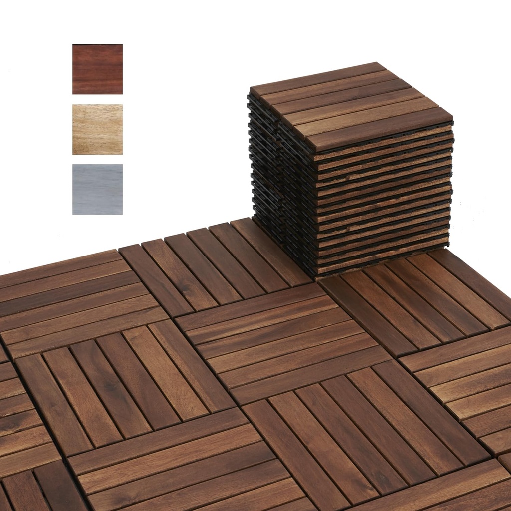 BEEFURNI 30PCS Interlocking Deck Tiles 12" x 12", Acacia Wood Deck Tiles Interlocking Outdoor All Weather, Indoor Outdoor Flooring Mats for Balcony Decor, Patio, Backyard (Dark Brown)