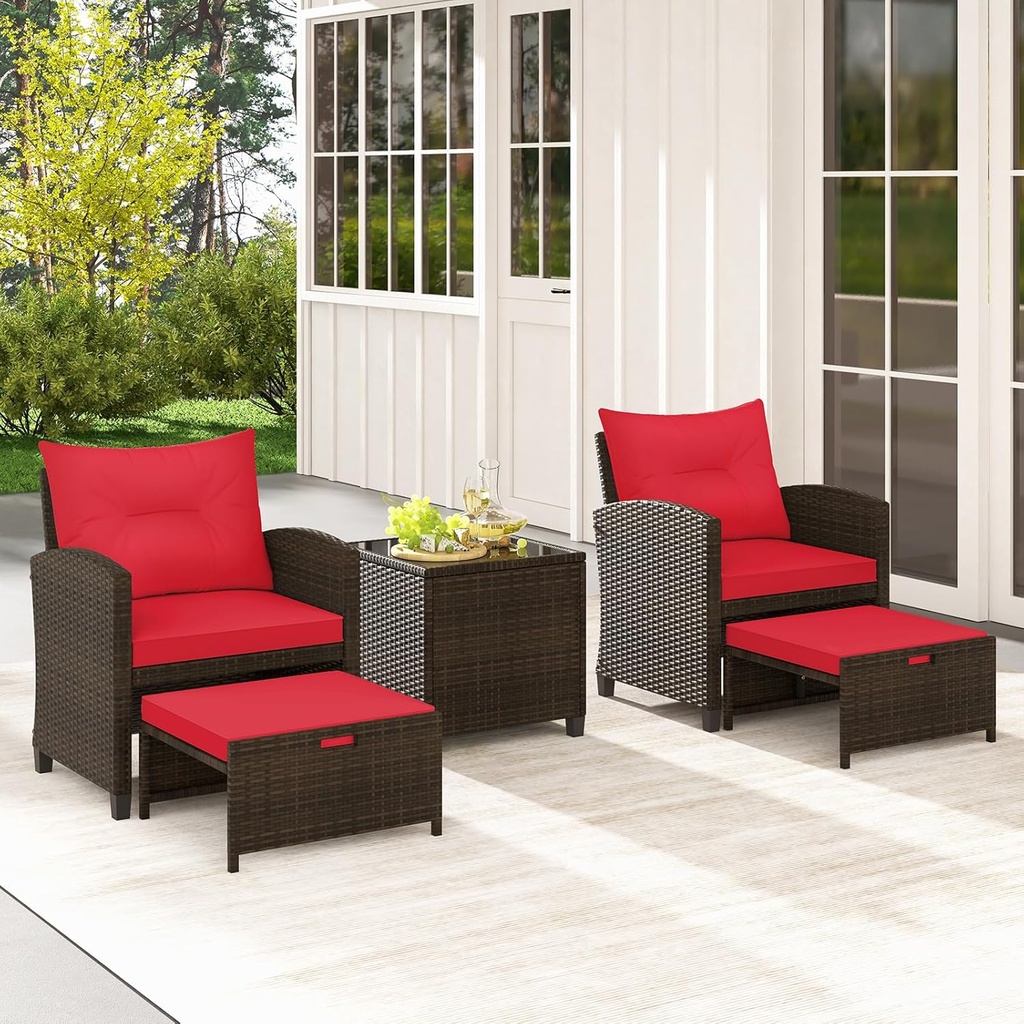COSTWAY 5-Piece Rattan Conversation Set, Outdoor Sofa, Tempered Glass Coffee Table & Ottomans for Small Space, Boho Chic Indoor/Outdoor Furniture for Patio, Living Room & Apartment (Red)
