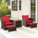 COSTWAY 5-Piece Rattan Conversation Set, Outdoor Sofa, Tempered Glass Coffee Table & Ottomans for Small Space, Boho Chic Indoor/Outdoor Furniture for Patio, Living Room & Apartment (Red)