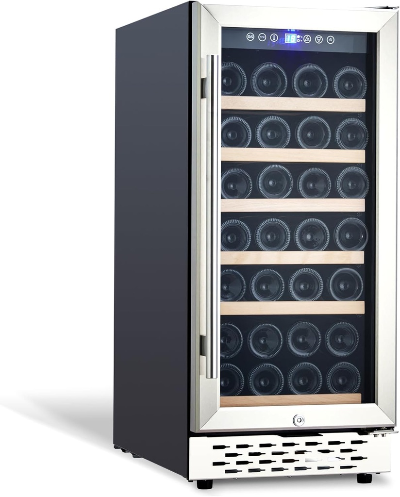 Wine Cooler Refrigerator - 15 Inch Compressor Design, 28 Bottle Capacity, Freestanding Wine Cellar, Dual Zone Temperature Control, Glass Door with Lock