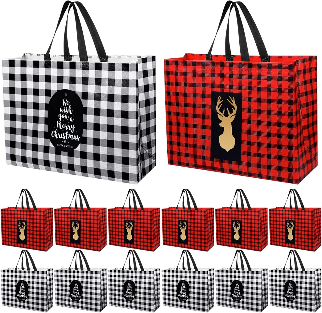 24 Pack Extra Large Christmas Gift Bags 16.9'' x 12.6'' x 6.8'' Waterproof Reusable Tote Bags with Handle Non Woven Christmas Grocery Shopping Totes for Holiday Xmas