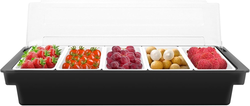 LOYALHEARTDY Fruit, Veggie & Condiment Caddy with Lid Dispenser Tray Plastic Garnish Station for Bartending & Serving Taco, Ice Cream, Salad Bar - Topping Organizer for Restaurant Supplies (5 Grids)