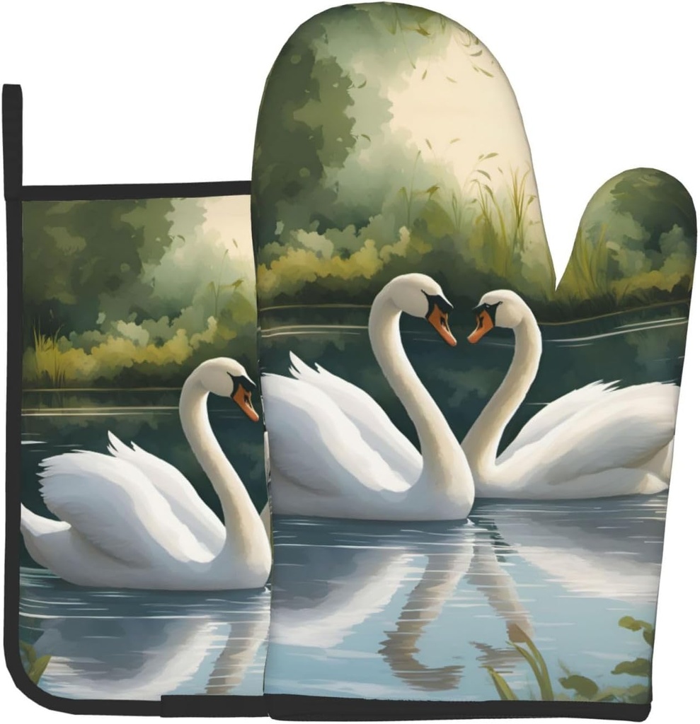 Beautiful White Swans On The Lake Print Oven Mitt & Pot Holder Set, A Must-Have for Kitchen Oven Microwave Grill