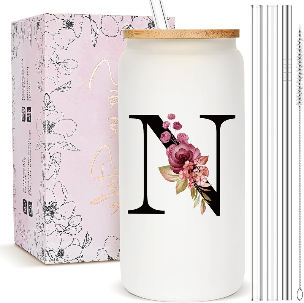 Personalized Gifts for Women, Monogrammed Frosted Glass Tumbler with Straw and Lid, Cute Customized Mug, Custom Initial Iced Coffee Glasses, Customizable Drinking Cup, Birthday Teacher Woman, N