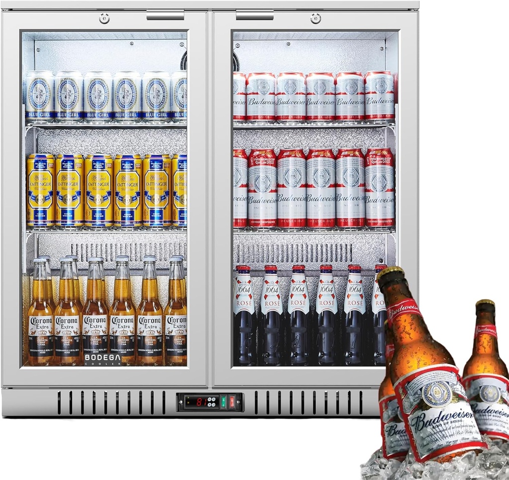 BODEGA BODEGACOOLER Back Bar Cooler With 2 Glass Doors,7.4 Cu.Ft Stainless Steel Commercial Back Bar Fridgewith LED Lighting, Counter Height Bar Beverage Cooler for Beer,Soda Drinks,Wine