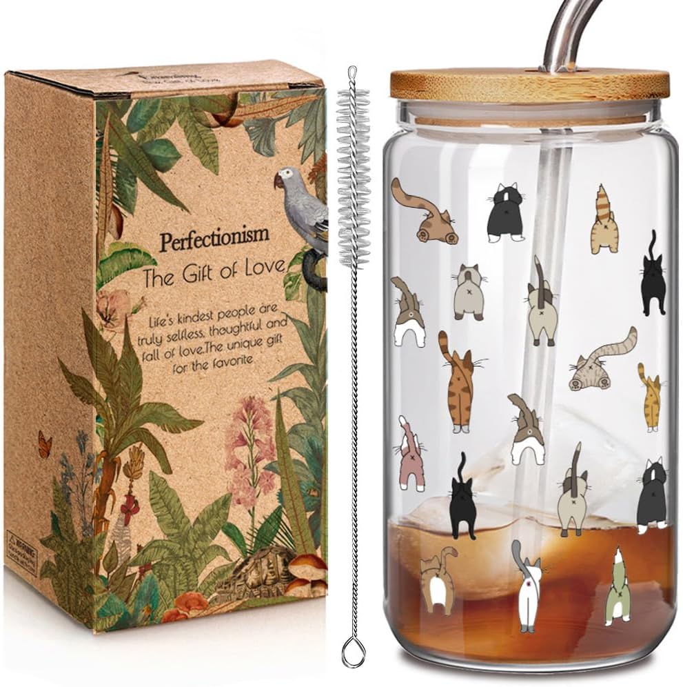 Cute Cat Themed Glass Cup Cat Mom Gifts for Women Crazy Cat's Lady, Small Cats Lover Birthday Gift for Daughter Sister Bestie Best Friend, Funny Glass Cups with Lids and Straw