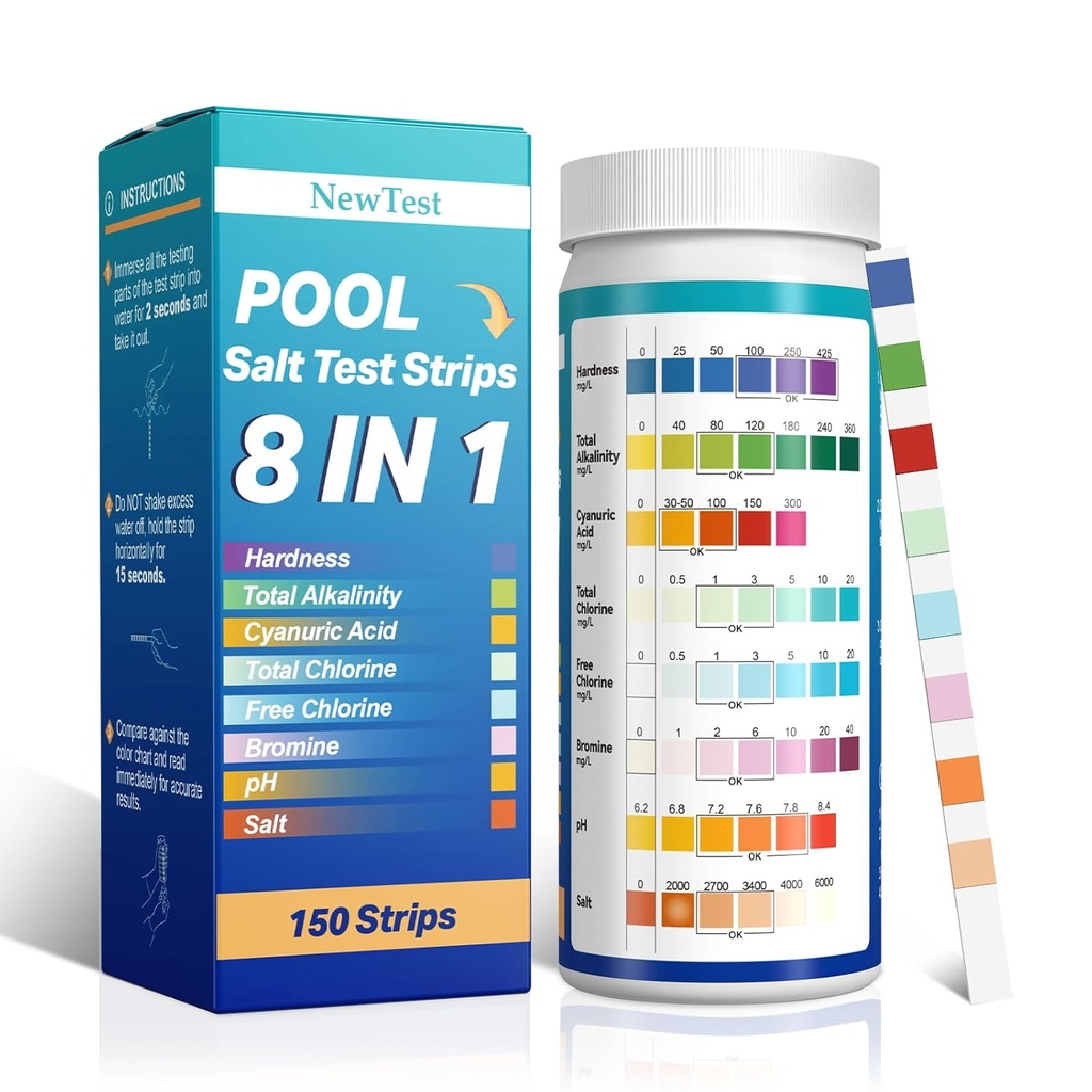 Pool Salt Test Strips: 150CT 8 in 1 Professional Pool Test Strips for Salt Water Pool & Hot Tub & Spa & Swimming Inground Pools - Quick Accurate Results Saltwater Pool Testing Kit (150)