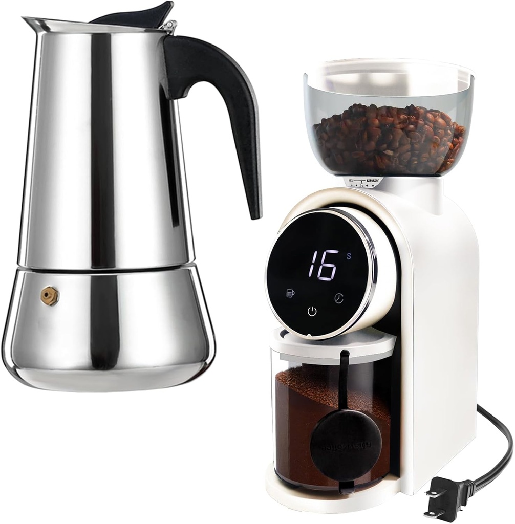 4 Cup Stovetop Espresso Maker Stainless Steel Moka Pot Stove Top Percolator Italian Coffee Makers Capable Mocha Greca Machine with White Electric Coffee Grinder Touchscreen 2-14 Cup Conical Bur