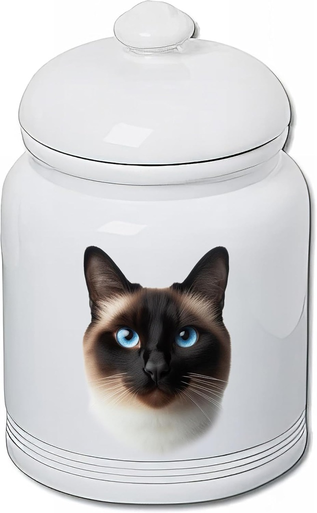 Best of Breed Siamese Cat Dog and Cat Ceramic Treat Jar 9" Tall Air Tight Seal All White