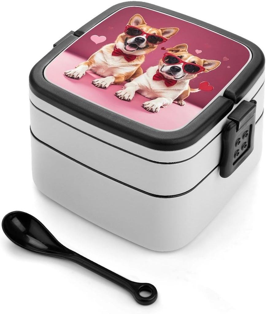 Dogs Wearing Sunglasses Bento Box Leak-Proof Double Layered Lunch Containers with Spoons And Invisible Handle, Portable Lunch Boxes for Work Picnic Travel