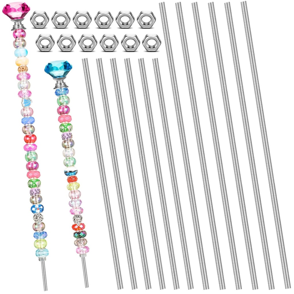 LEIFIDE 8/32 Inch 4mm Threaded Rod with Hex Nuts 4mm Stainless Steel Threads Studs Rods Stainless Steel Fully Threaded Hex Nuts for Beaded Garden Stake Rods(24 Pcs,12 Inch,16 Inch)