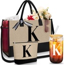 Aliceset Initial Tote Bags for Women Christmas Gifts Initial Jute Tote Bag Makeup Bag Glass Coffee Cup for Christmas