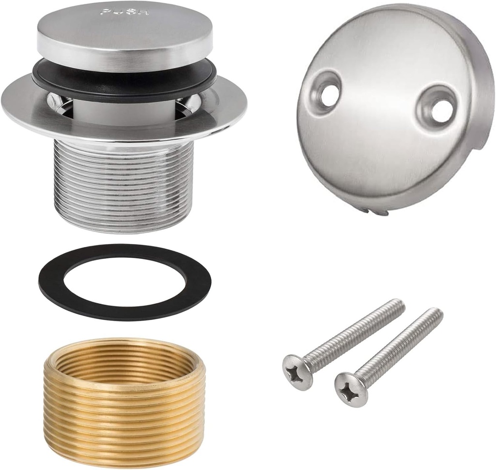Bathtub Drain Plug, Replacement Bath Drain Trim Kit with 2-Hole Overflow Faceplate and Universal Fine/Coarse Thread, Compatible with Kohler, Tub Stopper(Brushed Nickel) (Brushed Nickel)