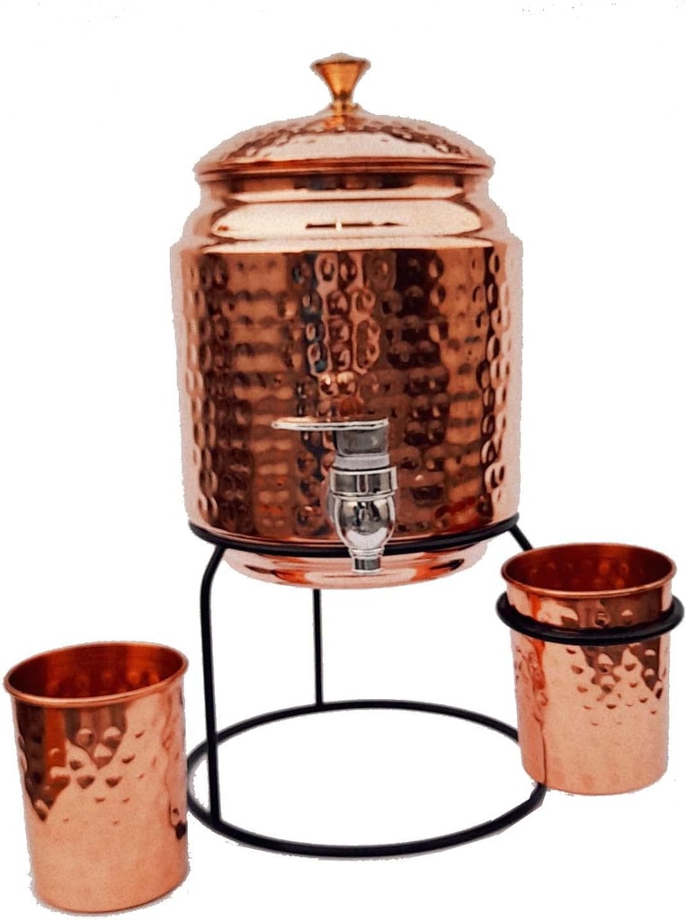 Copper water dispenser 3000ml, 2pcs glass 300 ml with stand, 36 cms height, 18 cms Depth 1500 gms 0.79 Gallon For Water Storage