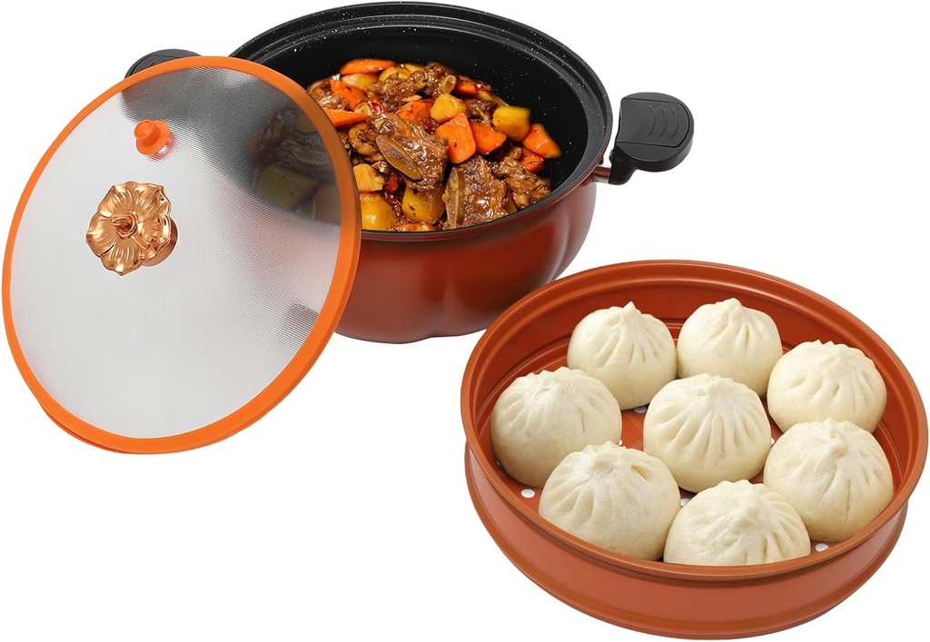 Pumpkin Pressure Cooker 8L, Micro Pressure Cooking Pot with Glass Lid & Steamer, Stovetop Safe for Gas/Induction, 2.11gal Large Capacity for Family, Small Kitchens (Orange)