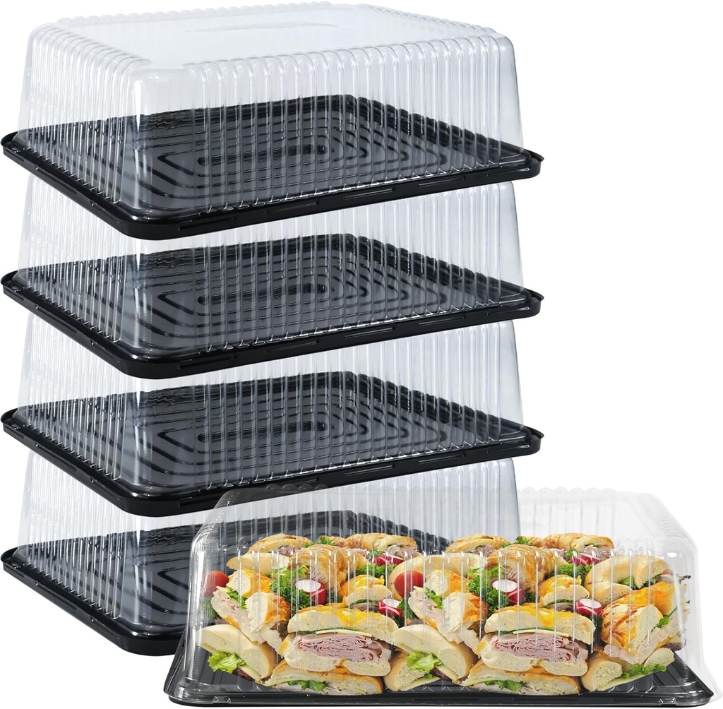 5Pack Sandwich Trays for Parties, 15inch Long Black Plastic Party Platters with Clear Lids Round Trays for Party, Takeout Food, Catering, Picnic Cake Carrier