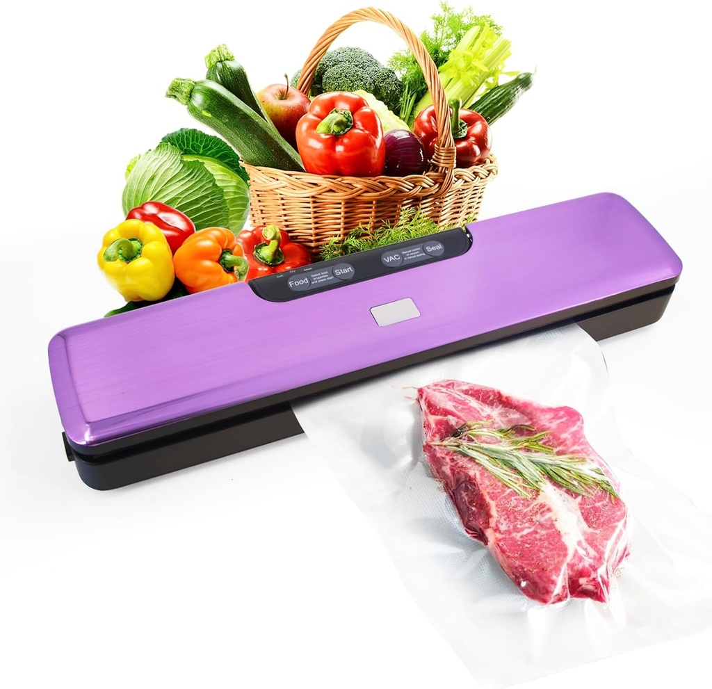 Flyfox Vacuum Sealer Machine - Strong, Multi-functional, and Fast Compact for Multi Food Storage with Low Noise, includes Vac, Sealer, Meat, Dry, Soft, 5 Modes with Vacuum Seal Bags, Purple
