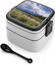Adult Double-Layer Bento Box Grand Teton National Park Portable Lunch Box with Spoon And Invisible Handle Leakproof Microwave-Safe Food Container for Work Travel Camping