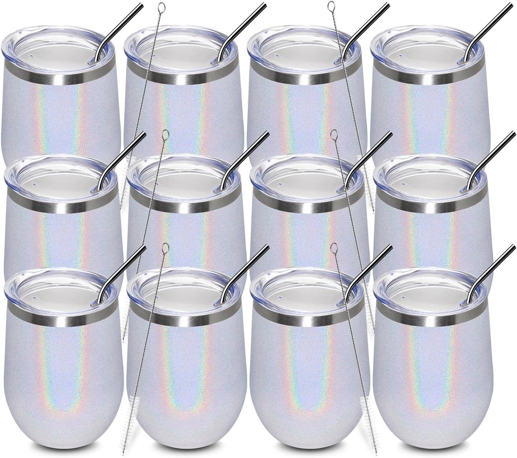 MEWAY 12oz/12 Pack Wine Tumbler Glasses with Lid - Stemless Double Wall Vacuum Stainless Steel Glitter Tumbler - Keeping Cold & Hot Cup for Coffee,Gift for Women(Rainbow White,Set of 12)