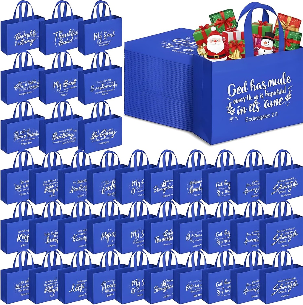 Paterr Christmas Religious Tote Bags Bulk Large Christian Bible Non Woven Reusable Gift Bags with Handle for Women(Blue,50 Pcs)