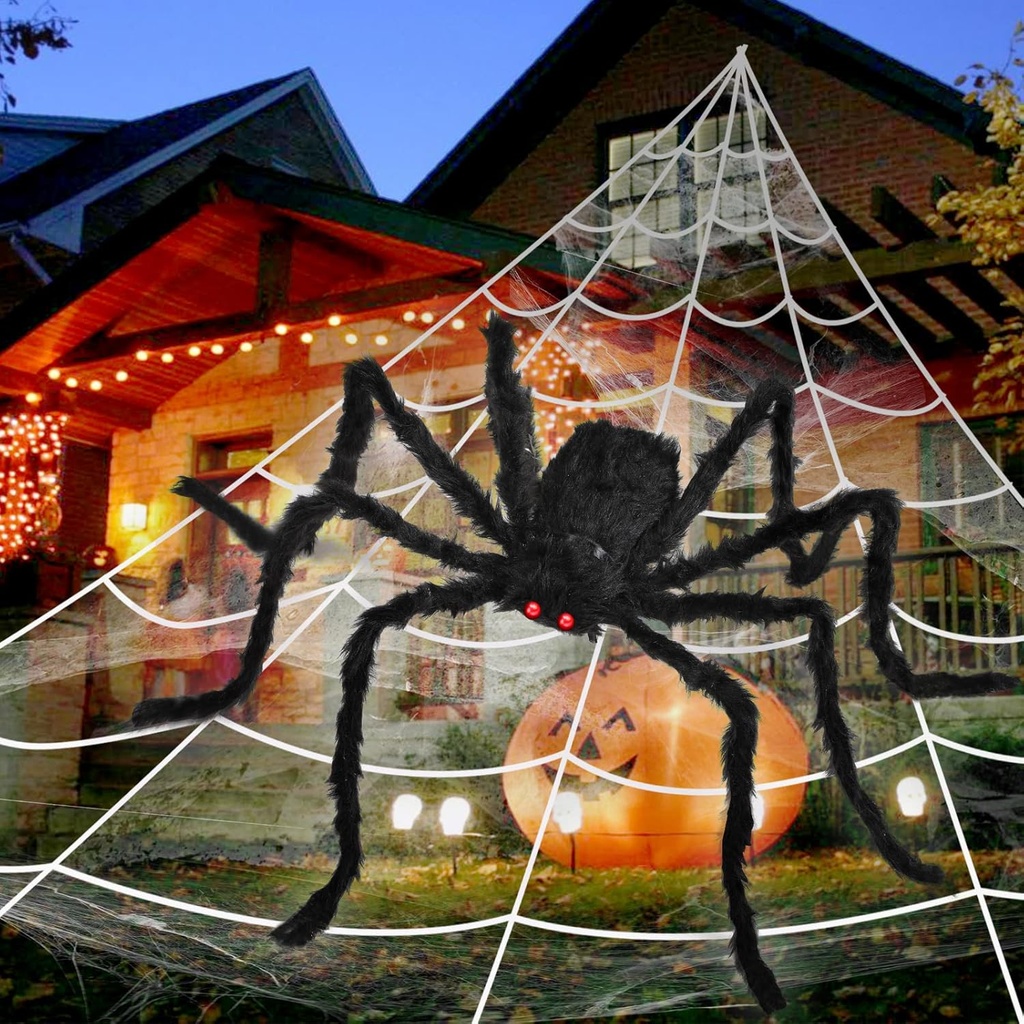 EZIGO 212'' Triangular Huge Halloween Spider Web 49" Giant Fake Spider for Outdoor Halloween Decorations with Stretch Cobweb, halloween Party Supplies for Indoor Home Yard Haunted House Décor