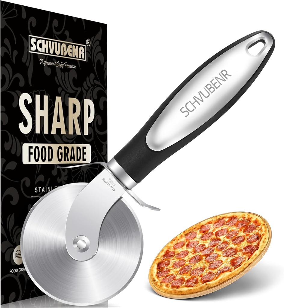 SCHVUBENR Premium Pizza Cutter Wheel - Ultra Sharp Stainless Steel Pizza Slicer with Non-Slip Soft Grip Handle - Multi-Purpose Cutter for Pizza, Dough & Pastry - Dishwasher Safe, Easy to Clean - Black