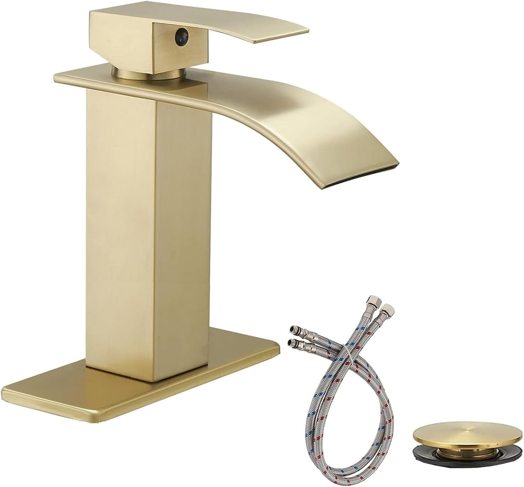 Gold Bathroom Faucet, Waterfall Bathroom Sink Faucet, Single Hole Deck Mounted Single Handle Lavatory Vanity with Pop Up Drain Parts Mixer Tap Basin Modern Bath Brushed Gold