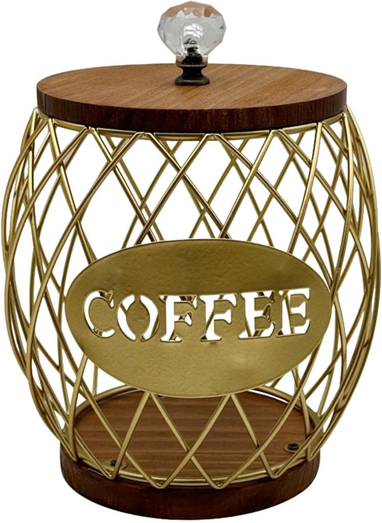 Coffee Pod Holder Organizer Cup Large Capacity with Wood Base Capsule Storage Basket Coffee Pod Storage for Kitchen, Gold