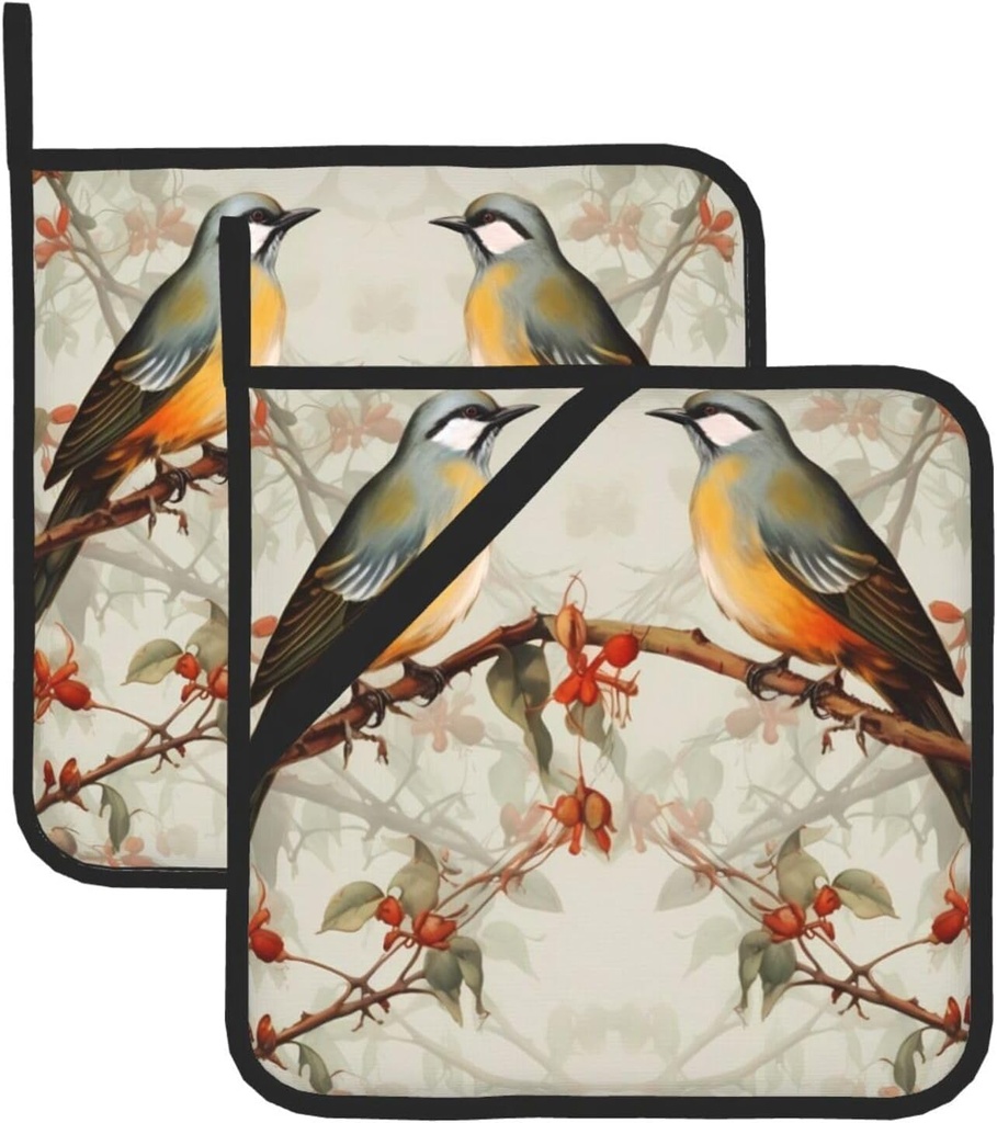 Birds Vintage Art Pot Holders Set of 2,Heat Resistant Kitchen Potholder Non-Slip Cotton Lining Oven Hot Pads for Microwave Cooking Baking BBQ