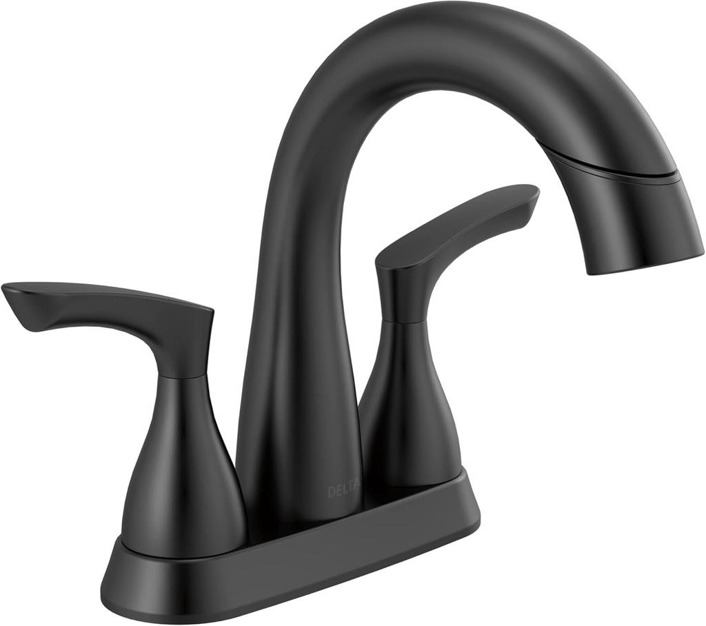 Delta Broadmoor Centerset Matte Black Bathroom Faucet with Sprayer, 4 Inch 3 Hole Bathroom Sink Faucet with Pull Out Sprayer, Push-Pop Drain, Matte Black 25765LF-BLPD
