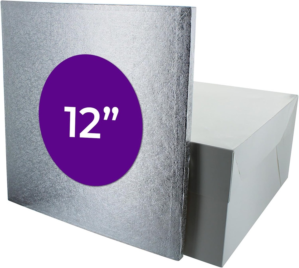 DecoPac 12" Square Silver Cake Drum Board & White Cake Box Combo, 12 Inch Square Bakery Box and Matching Cake Plate Set For Dessert, Pie, And Cookie Transport