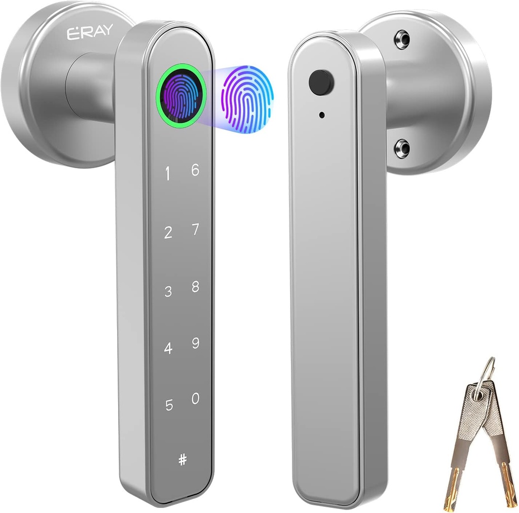 ERAY Smart Fingerprint Door Lock, Keyless Entry Knob Set With Keypad Code and Handle, Interior Security Kit for Home, Hotel, Apartment, Office Room - Silver