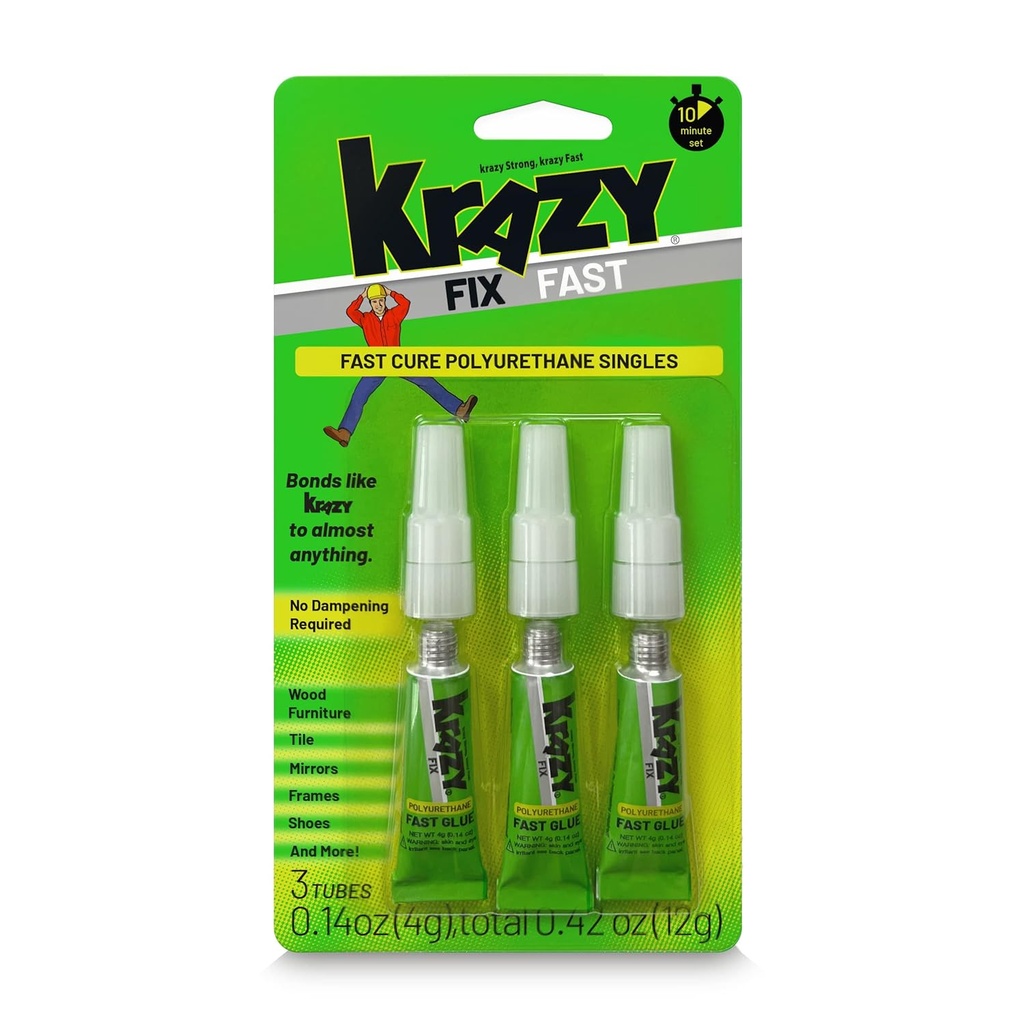 Krazy Fix Fast Waterproof Glue, Fast Curing Polyurethane Singles, Repair Adhesive for Shoe Repair, Ceramic, Plastic, Jewelry, Metal, 12 Grams (Pack of 3 x 4g mini Tubes)