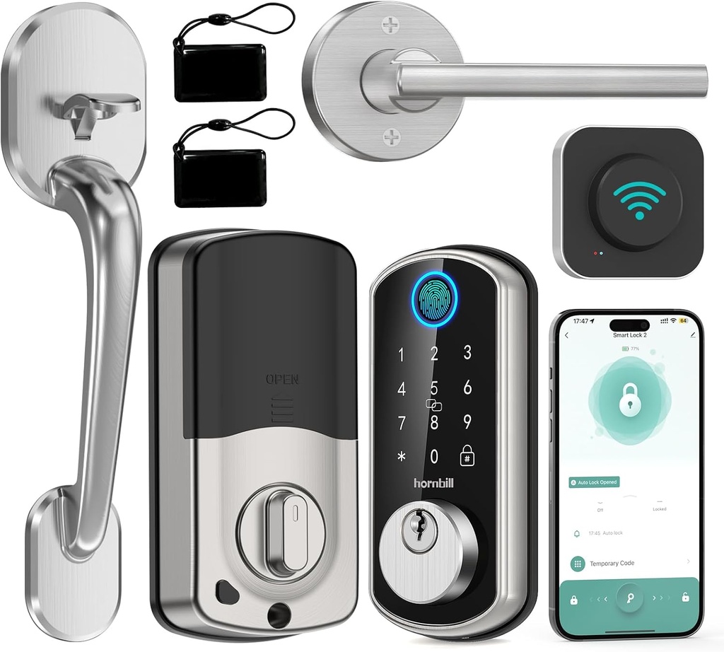 Smart WiFi Front Door Lock: Hornbill Keyless Entry Fingerprint Deadbolt with Handle Set Electronic Digital Keypad Door Locks APP Remote Control Alexa Auto Lock Silver