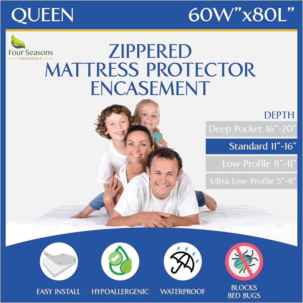 Queen Size Mattress Protector Bedbug Waterproof Zippered Cover Hypoallergenic Premium Quality Encasement White